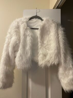 White Faux Fur Crop Jacket - Women's Elegant Coat